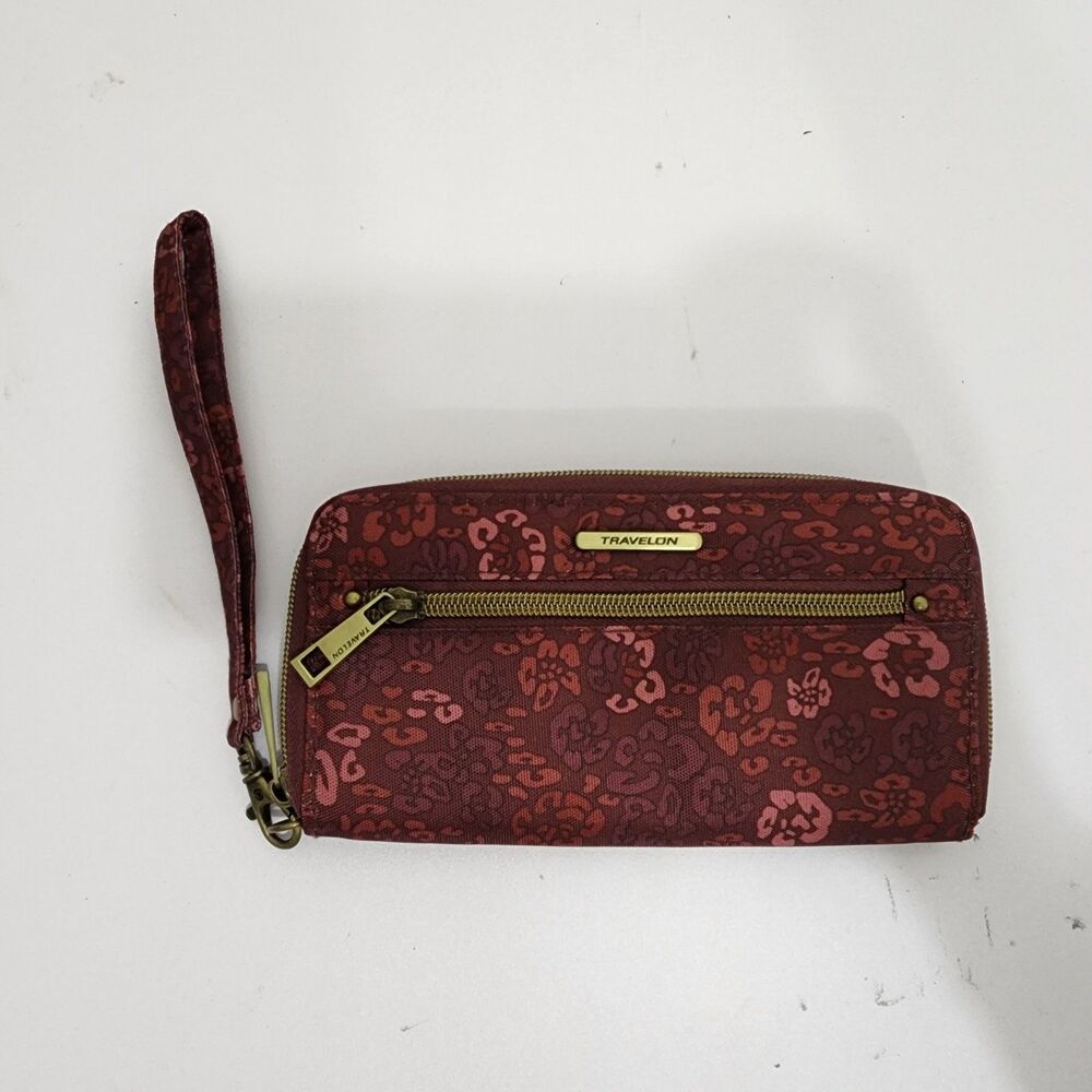 Travelon RFID Zip Around Wallet Clutch Solid Burgundy Red Travel Multi Pockets